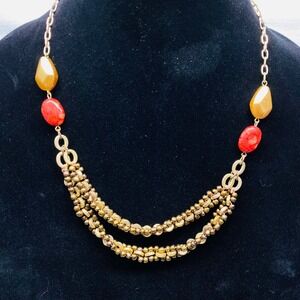 Gold Tone Red Beaded Necklace Womens Multi-Strand Adjustable Length‎ Statement